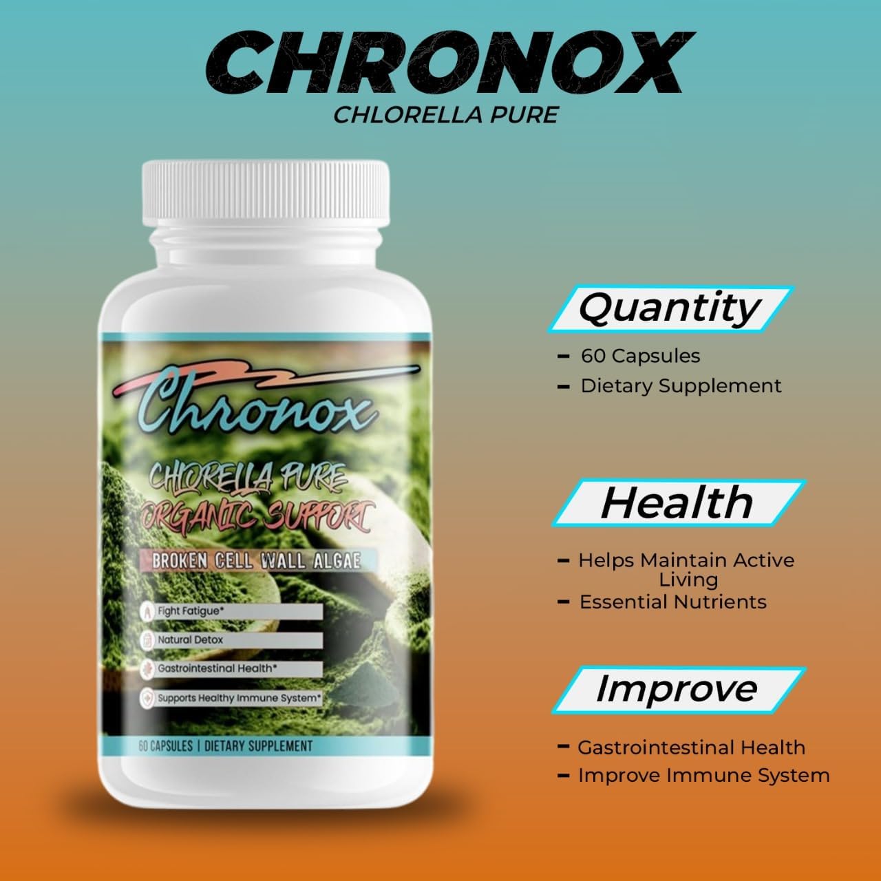 Organic Chronox Chlorella Supplement - 60 Capsules for Healthy Immune System & Reduced Fatigue - Broken Cell Wall Tablets - Top Dietary Supplement