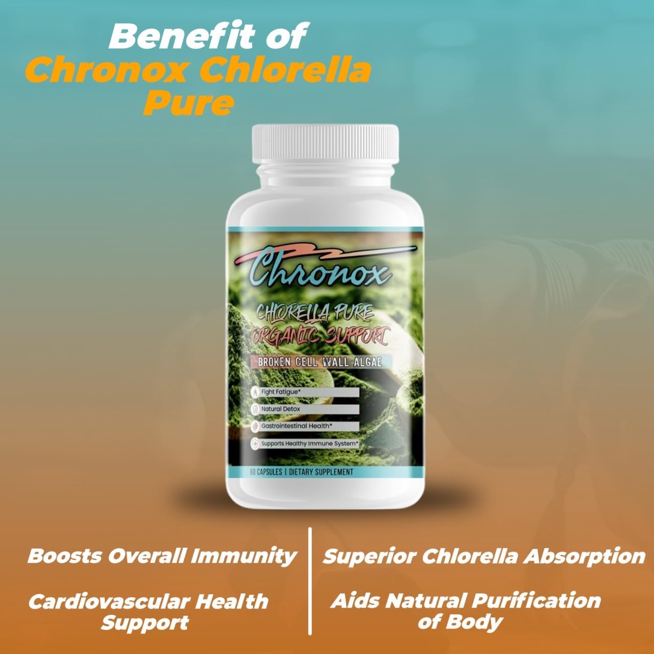Organic Chronox Chlorella Supplement - 60 Capsules for Healthy Immune System & Reduced Fatigue - Broken Cell Wall Tablets - Top Dietary Supplement
