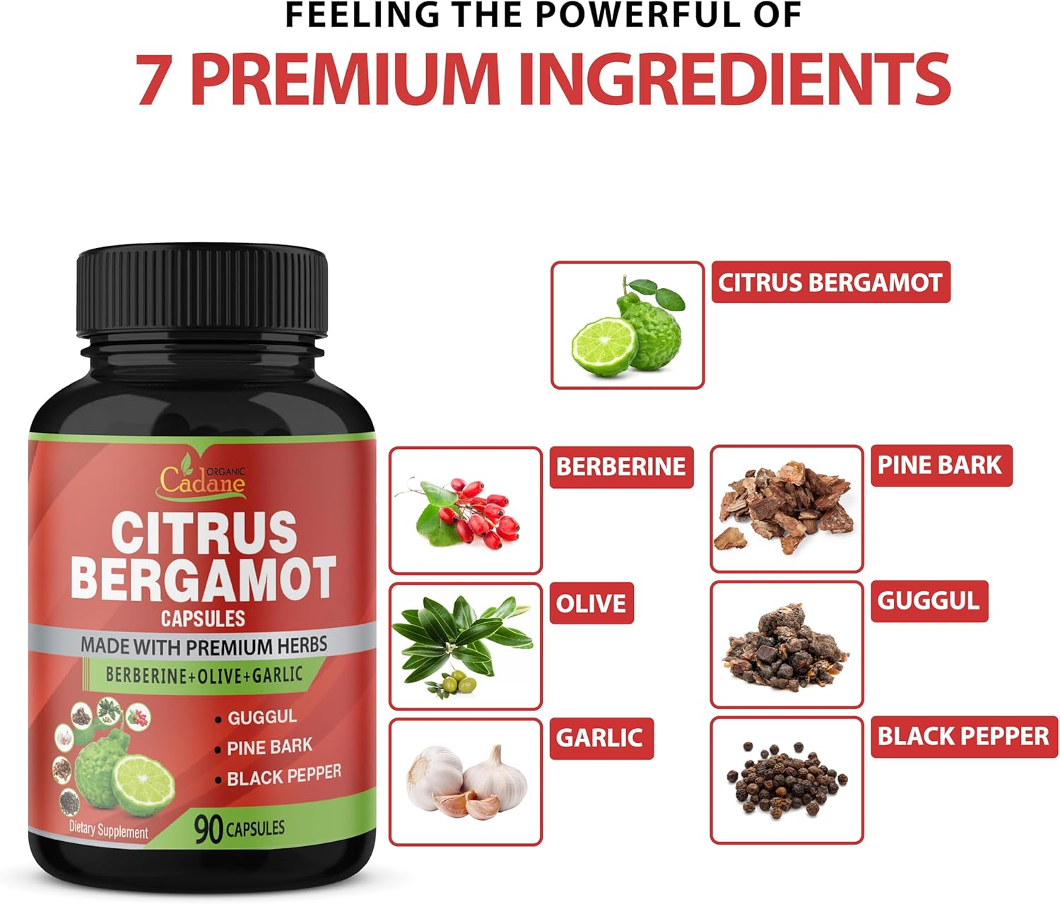 Organic Citrus Bergamot Capsules with Berberine, Olive, Guggul, Garlic, Pine Bark, Black Pepper - 90 Capsules, 3 Month Supply for Immune System & Overall Health