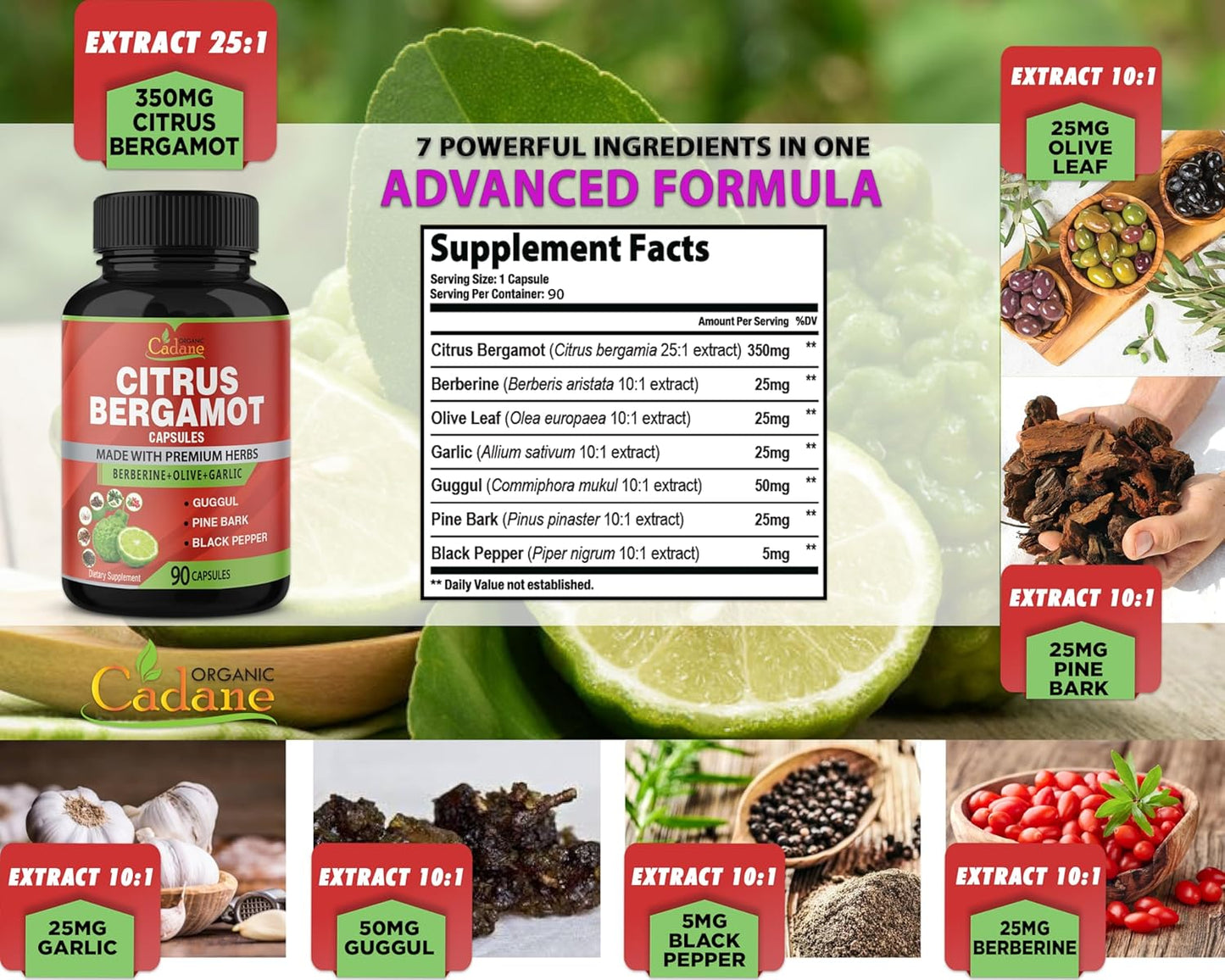 Organic Citrus Bergamot Capsules with Berberine, Olive, Guggul, Garlic, Pine Bark, Black Pepper - 90 Capsules, 3 Month Supply for Immune System & Overall Health