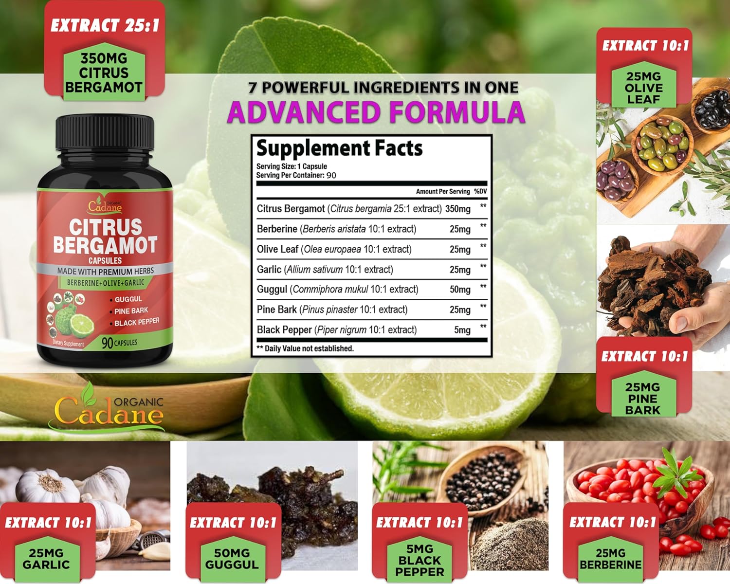 Organic Citrus Bergamot Capsules with Berberine, Olive, Guggul, Garlic, Pine Bark, Black Pepper - 90 Capsules, 3 Month Supply for Immune System & Overall Health