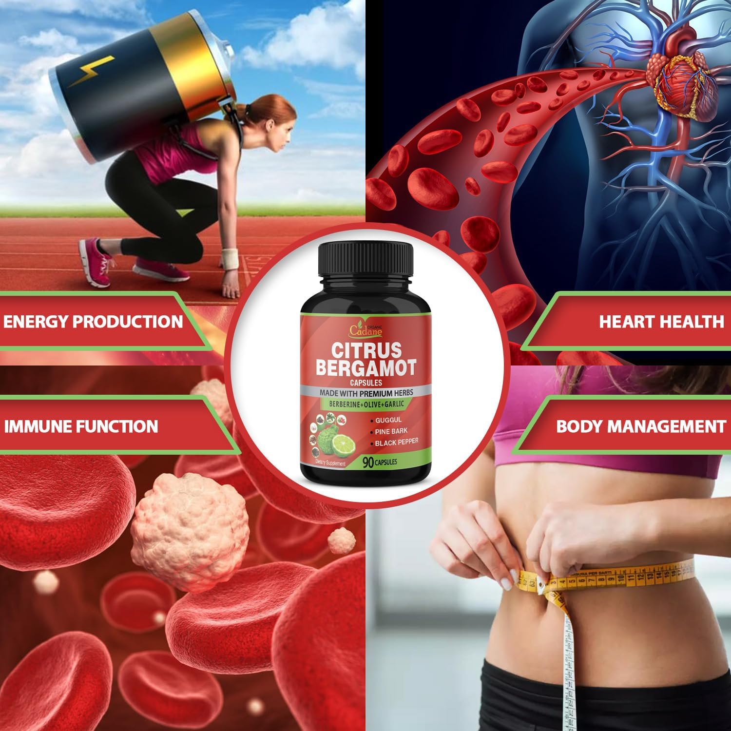 Organic Citrus Bergamot Capsules with Berberine, Olive, Guggul, Garlic, Pine Bark, Black Pepper - 90 Capsules, 3 Month Supply for Immune System & Overall Health