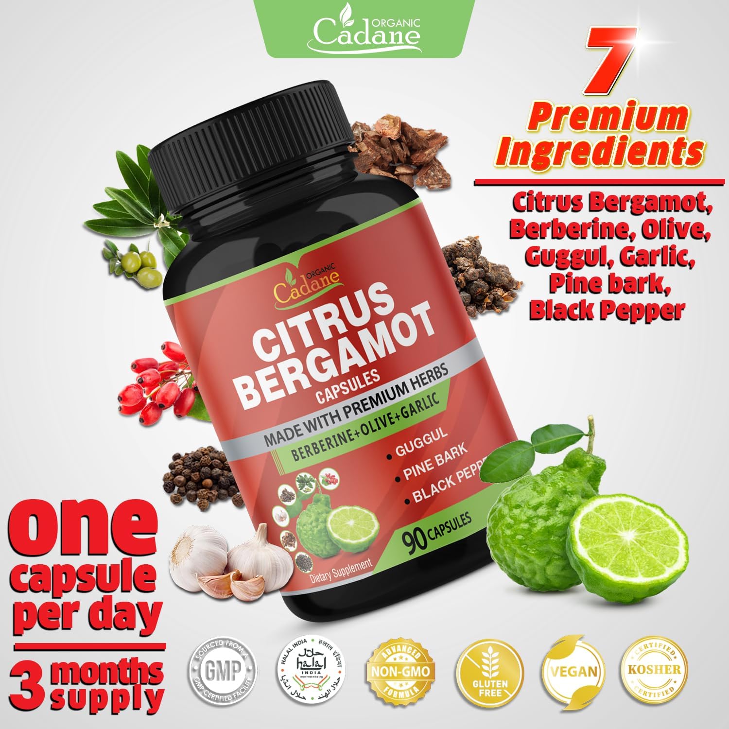 Organic Citrus Bergamot Capsules with Berberine, Olive, Guggul, Garlic, Pine Bark, Black Pepper - 90 Capsules, 3 Month Supply for Immune System & Overall Health