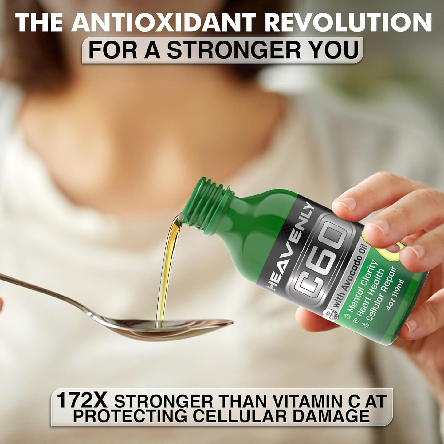 Organic Cold Pressed Avocado Oil with Sublimated C60 for Energy Boost and Mental Clarity - USA Made, GMP Certified for Safety - Slow Aging Naturally