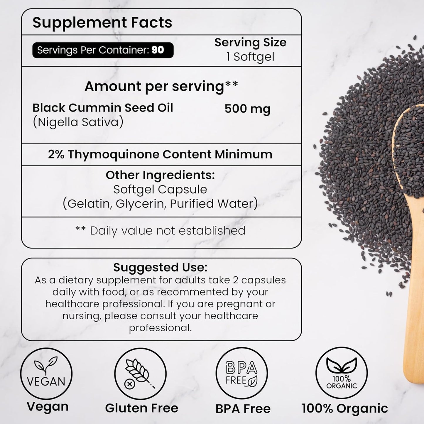 Organic Cold Pressed Black Seed Oil Softgel Capsules - 90 Count - Immunity Support & Overall Health - Herbal Blend