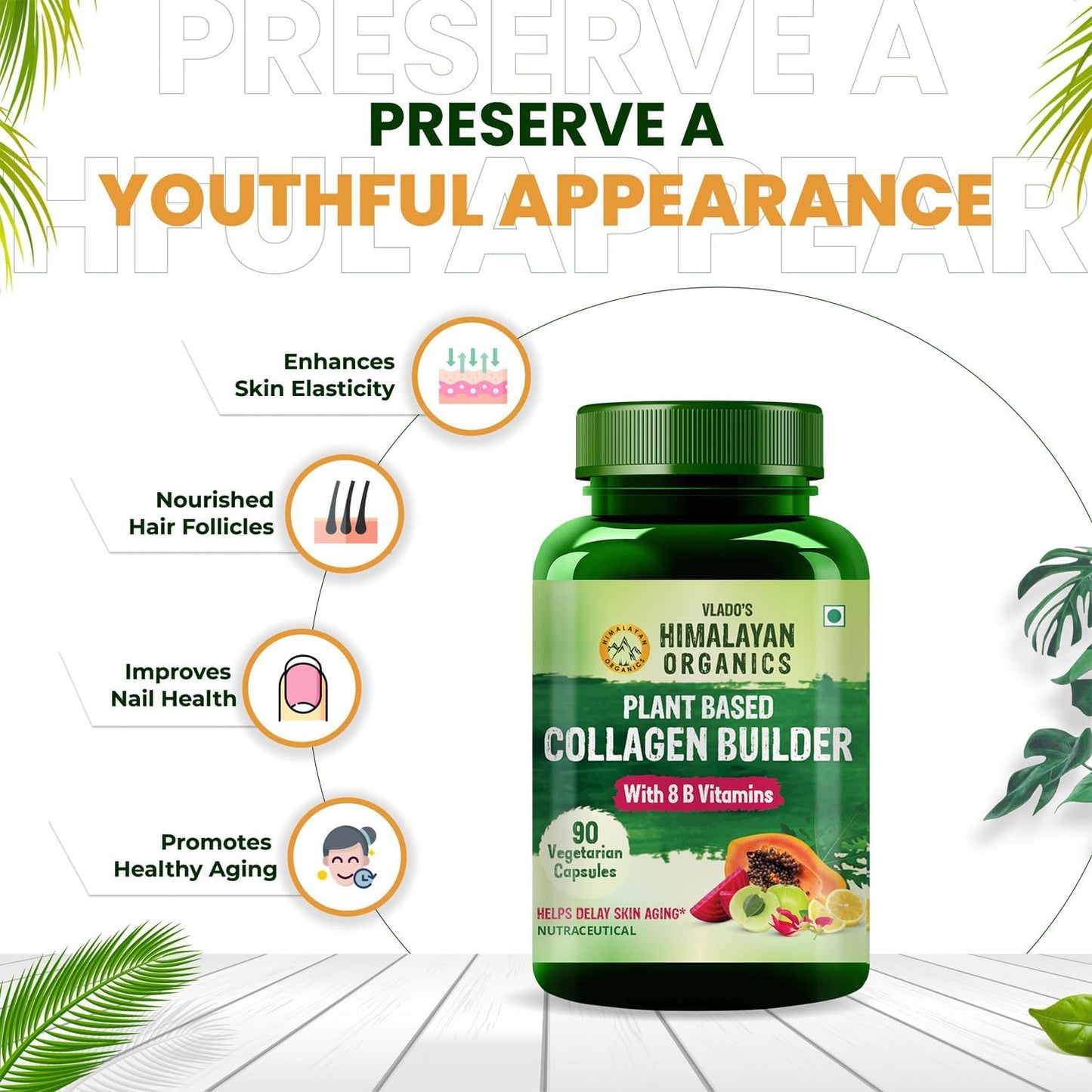 Organic Collagen Builder Capsules with Biotin and Vitamin C for Hair and Skin - 90 Veg Capsules by Himalayan Organics