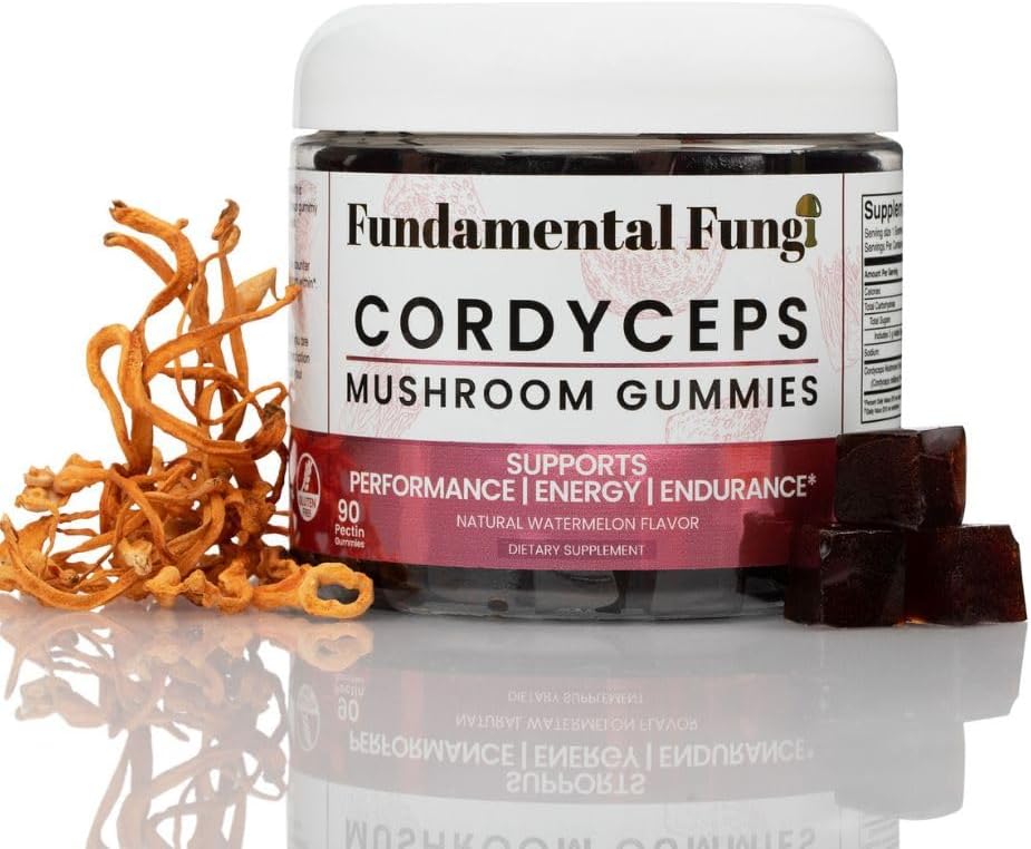 Organic Cordyceps Mushroom Gummies for Adults | 90 Servings | Watermelon Flavor | Boost Stamina, Energy & Endurance | Energizing Performance Gummies
