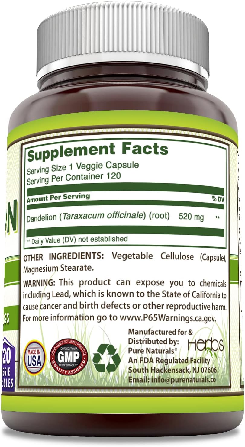 Organic Dandelion Root Capsules 520mg - 120 Count Veggie Pills | Non-GMO & Gluten Free Supplement | USA Made