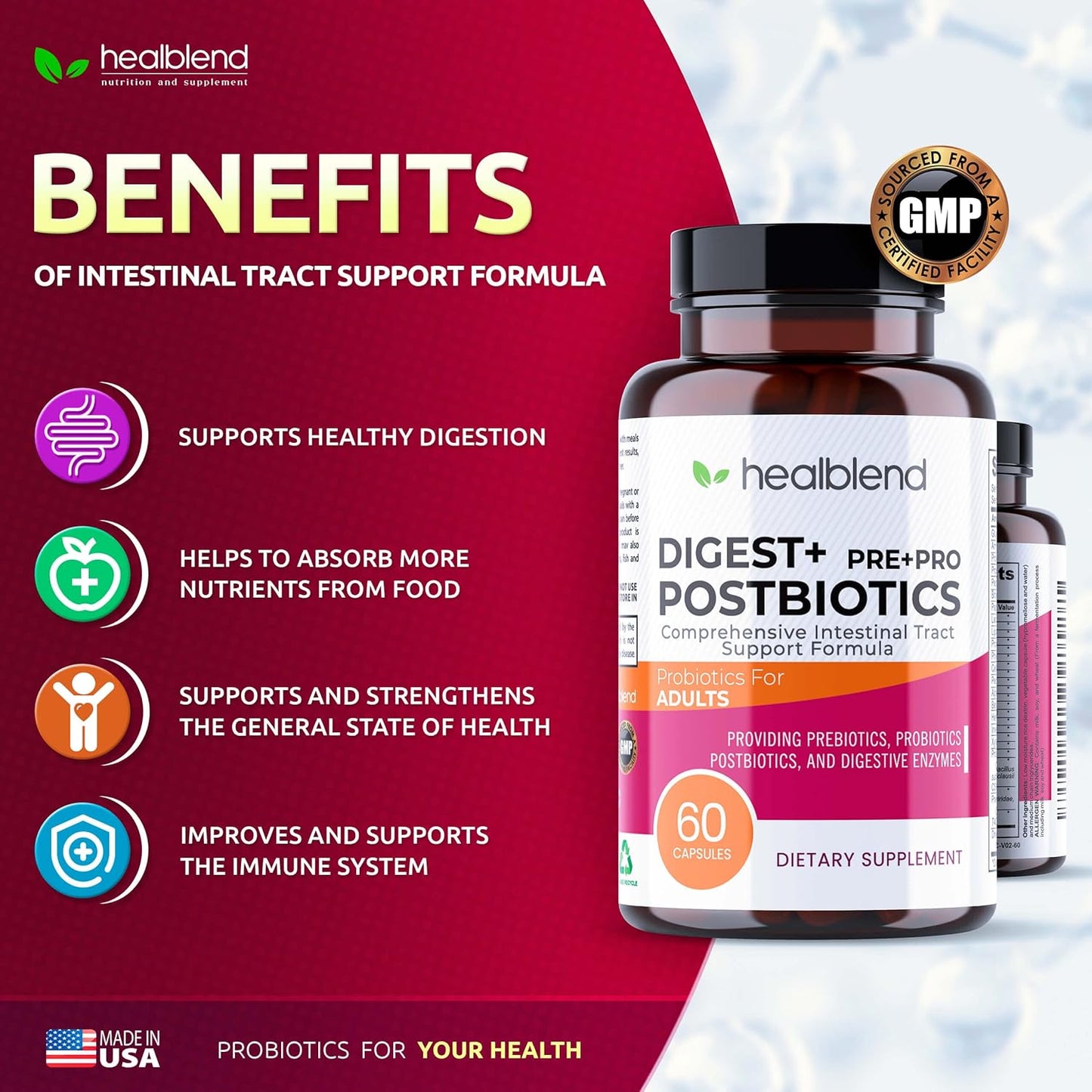 Organic Digestive Health Supplement for Women and Men - Enzymes, Prebiotics & Probiotics - Non-GMO, Gluten-Free - 60 Vegetarian Capsules