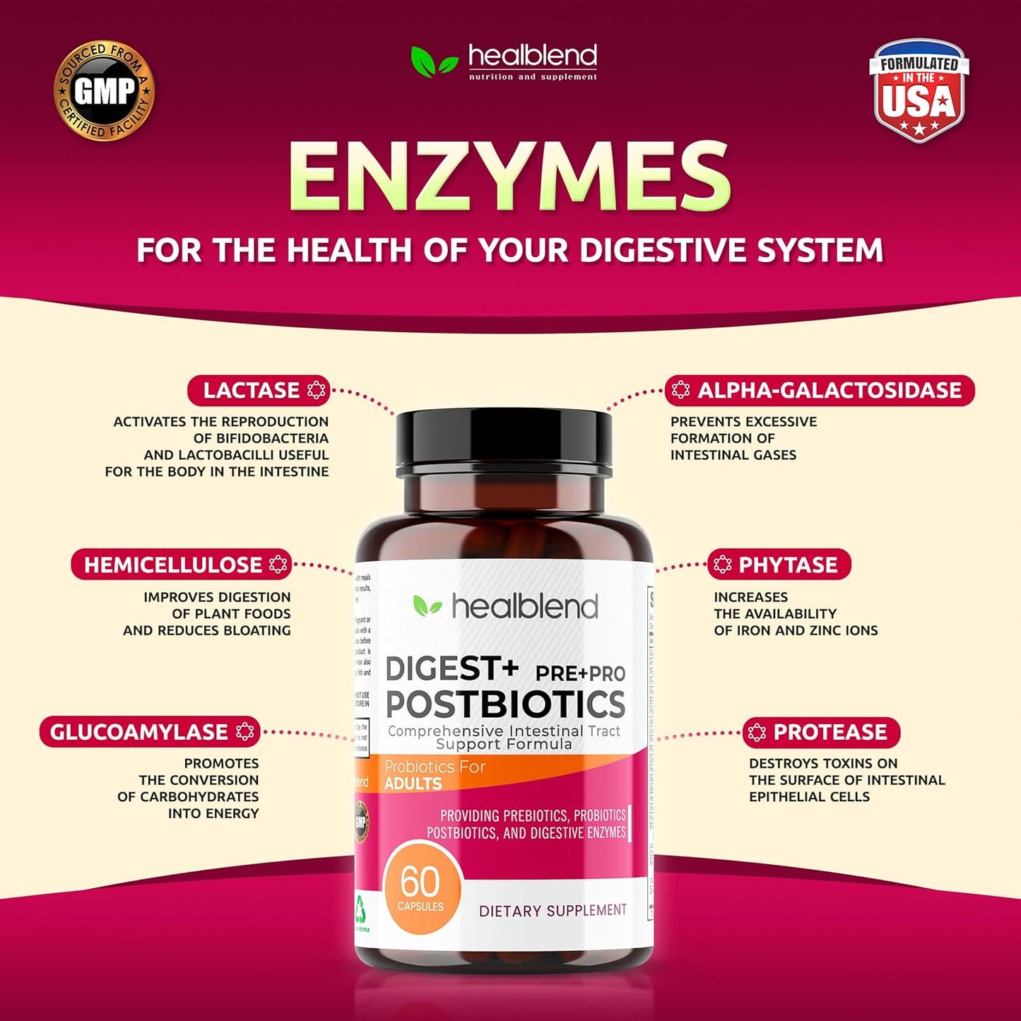 Organic Digestive Health Supplement for Women and Men - Enzymes, Prebiotics & Probiotics - Non-GMO, Gluten-Free - 60 Vegetarian Capsules