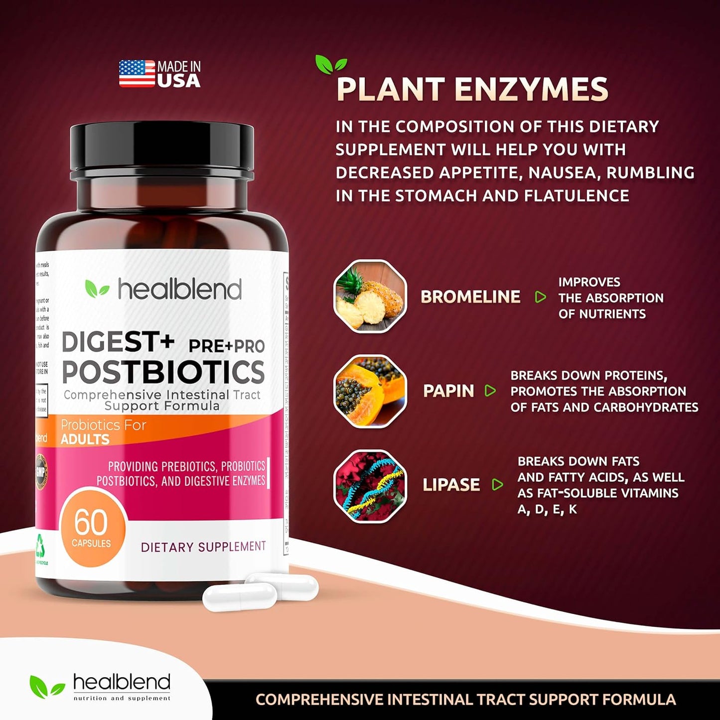 Organic Digestive Health Supplement for Women and Men - Enzymes, Prebiotics & Probiotics - Non-GMO, Gluten-Free - 60 Vegetarian Capsules