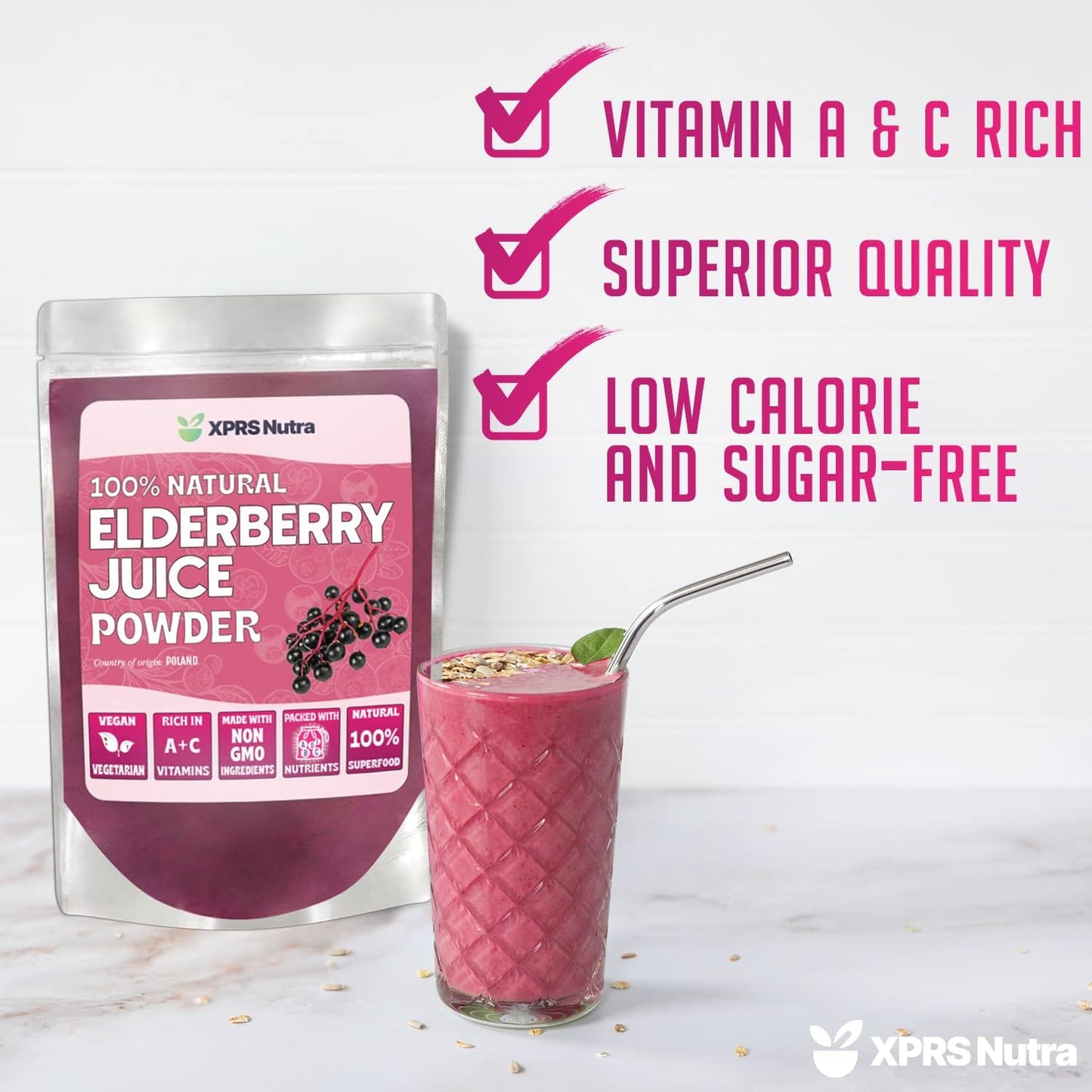 Organic Elderberry Juice Powder with Vitamins A and C - 16 oz Powdered Elderberries Supplement by XPRS Nutra
