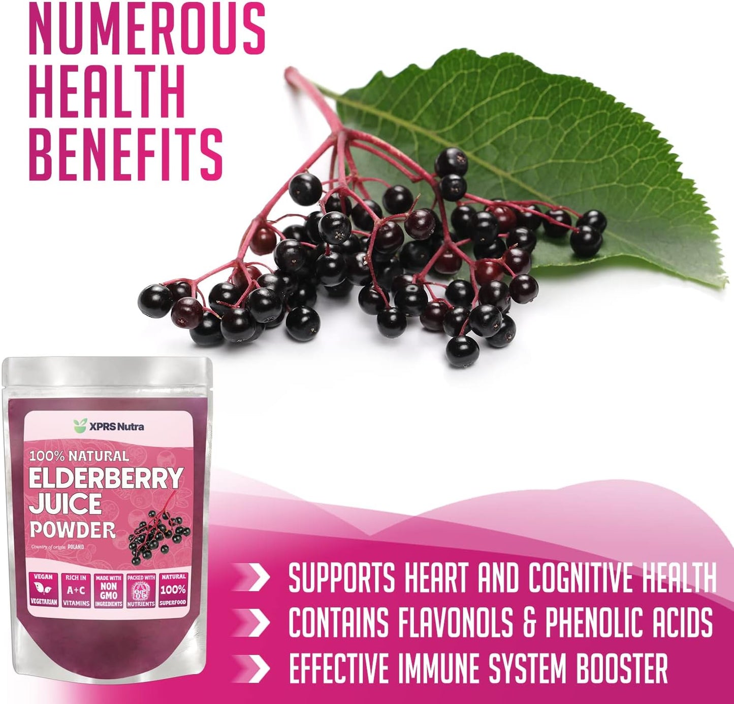 Organic Elderberry Juice Powder with Vitamins A and C - 16 oz Powdered Elderberries Supplement by XPRS Nutra
