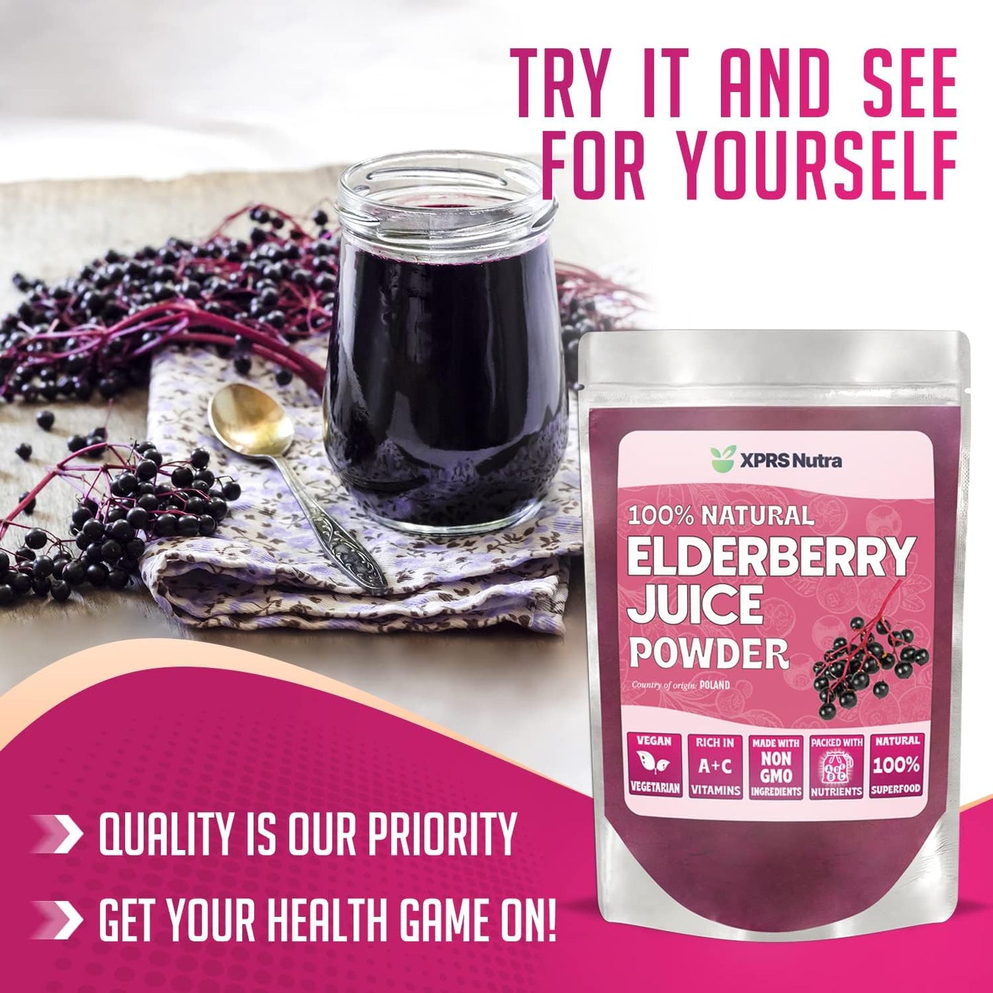 Organic Elderberry Juice Powder with Vitamins A and C - 16 oz Powdered Elderberries Supplement by XPRS Nutra