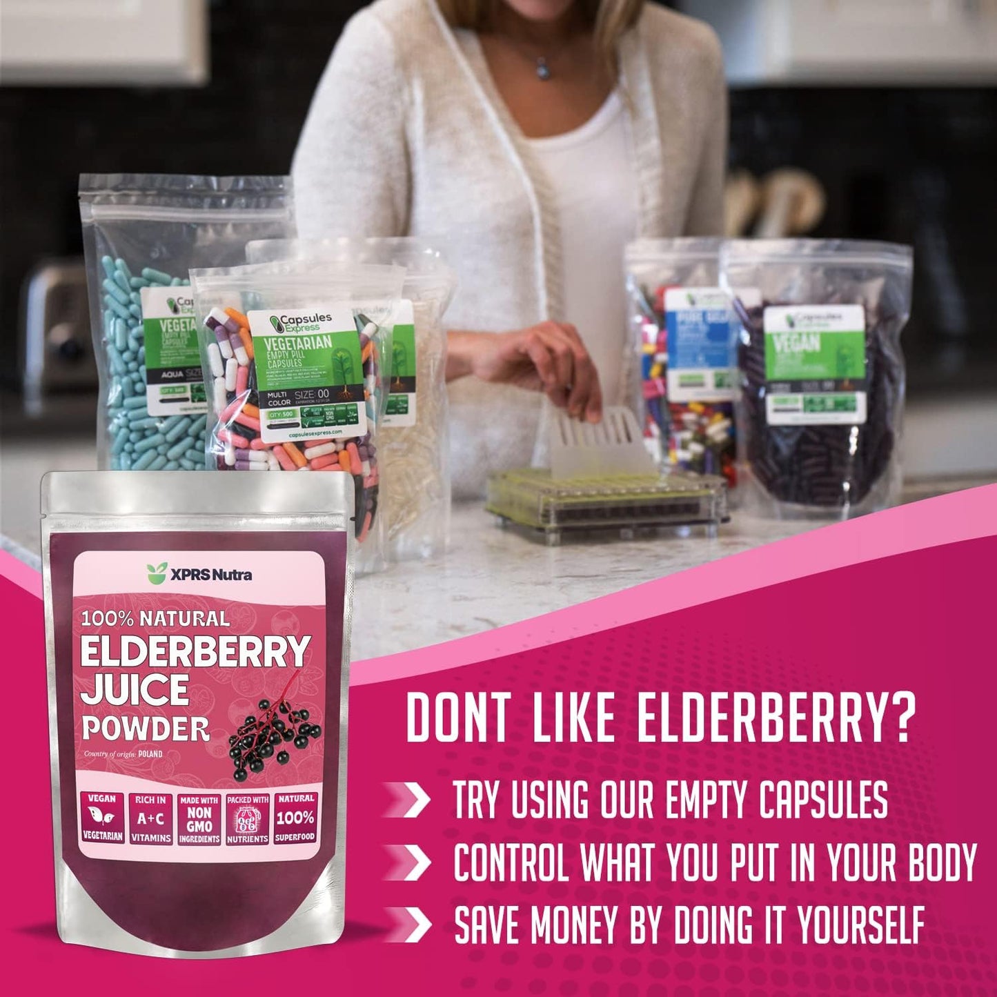 Organic Elderberry Juice Powder with Vitamins A and C - 16 oz Powdered Elderberries Supplement by XPRS Nutra