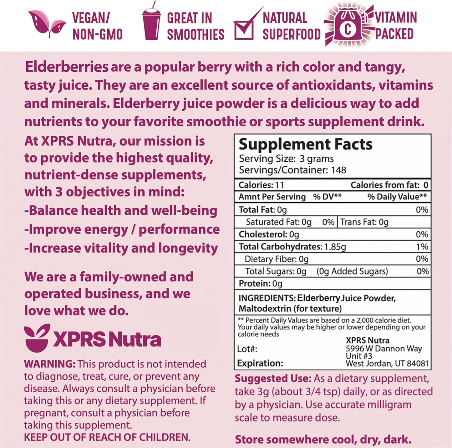 Organic Elderberry Juice Powder with Vitamins A and C - 16 oz Powdered Elderberries Supplement by XPRS Nutra