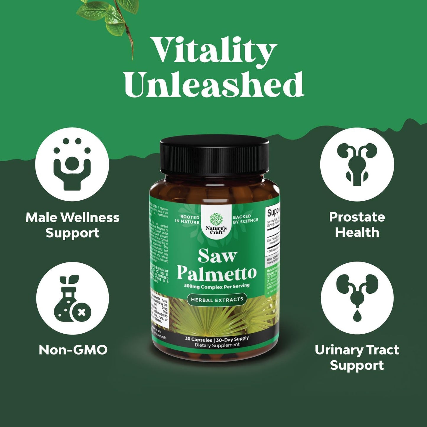 Organic Energy Boost Bundle: Tribulus Terrestris Extract for Muscle Growth + Saw Palmetto Extract for Hair Health & Urinary Support - Plant Sterols Included
