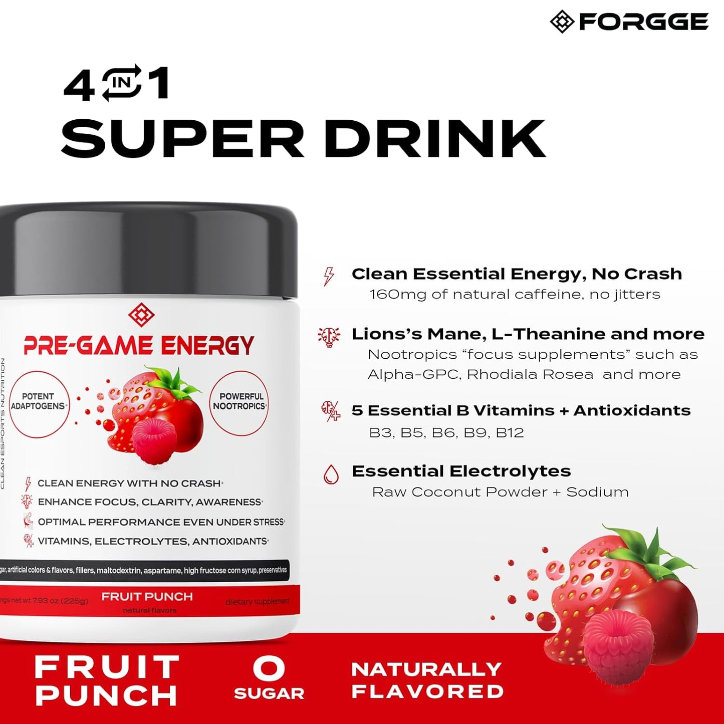 Organic Energy Drink Powder with Lion’s Mane & Nootropics - Focus Blend with Vitamins & Electrolytes - Natural Caffeine, Sugar Free (Fruit Punch)