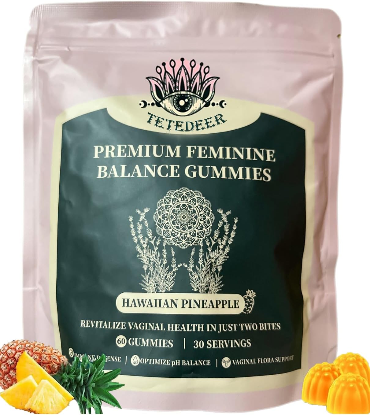 Organic Feminine Balance Gummies for Women's Health - Immune Support & Promotion, Vegan Hawaiian Pineapple Flavor