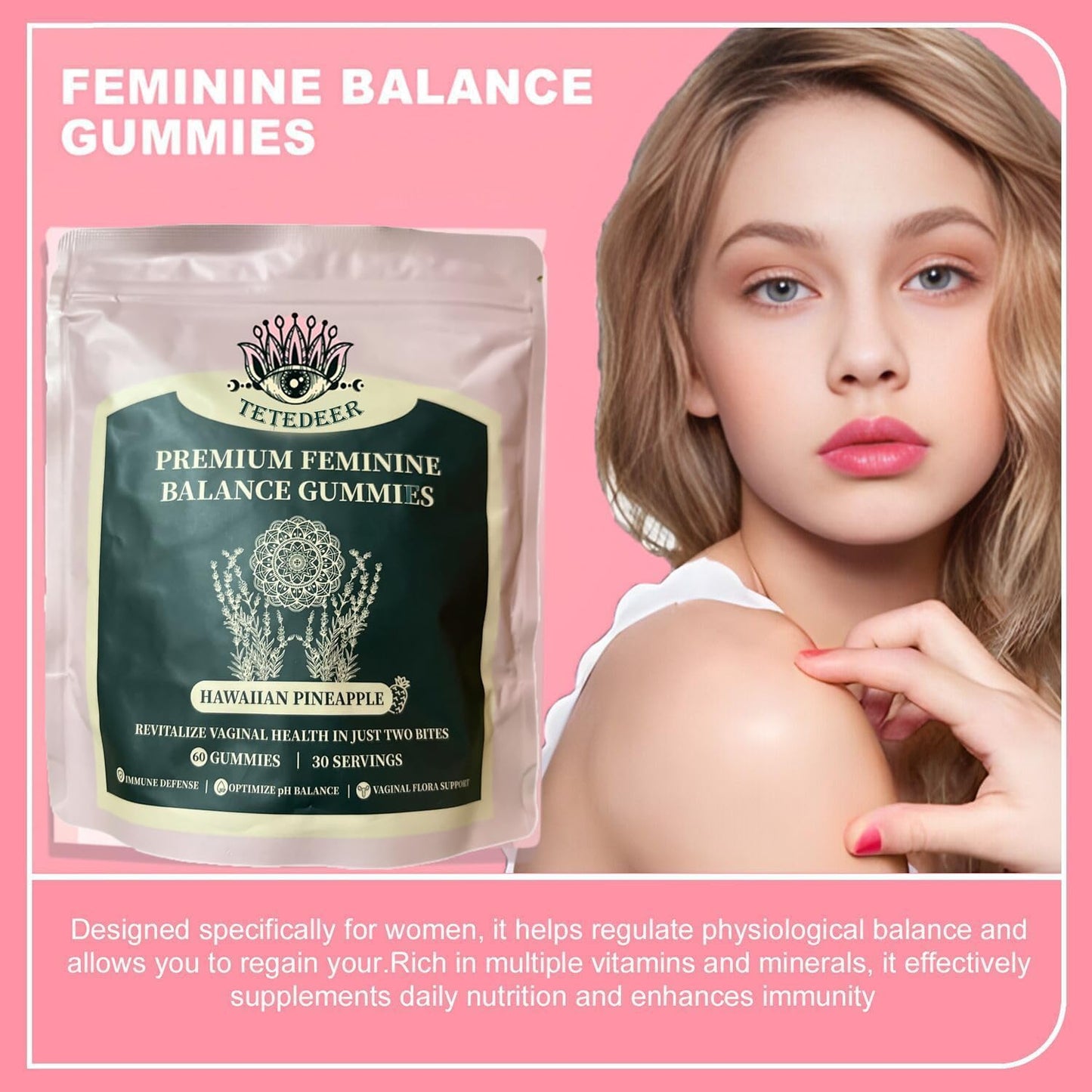 Organic Feminine Balance Gummies for Women's Health - Immune Support & Promotion, Vegan Hawaiian Pineapple Flavor