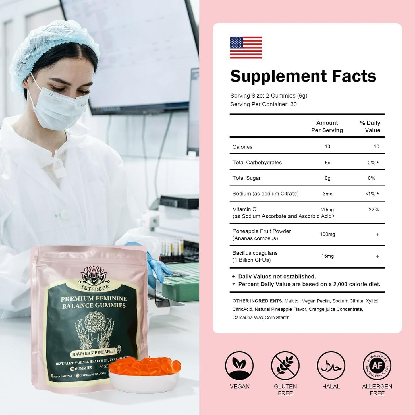 Organic Feminine Balance Gummies for Women's Health - Immune Support & Promotion, Vegan Hawaiian Pineapple Flavor