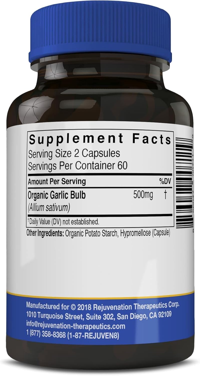 Organic Garlic Capsules for Heart Health & Immune System Support - 120 Vegan Capsules by Rejuvenation Therapeutics