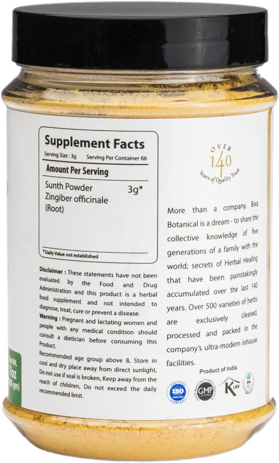 Organic Ginger Root Powder 200g - Aromatic & Flavorful for Tea, Curries, Juices - Gluten Free, Non-GMO, Vegan - Bixa BOTANICAL.
