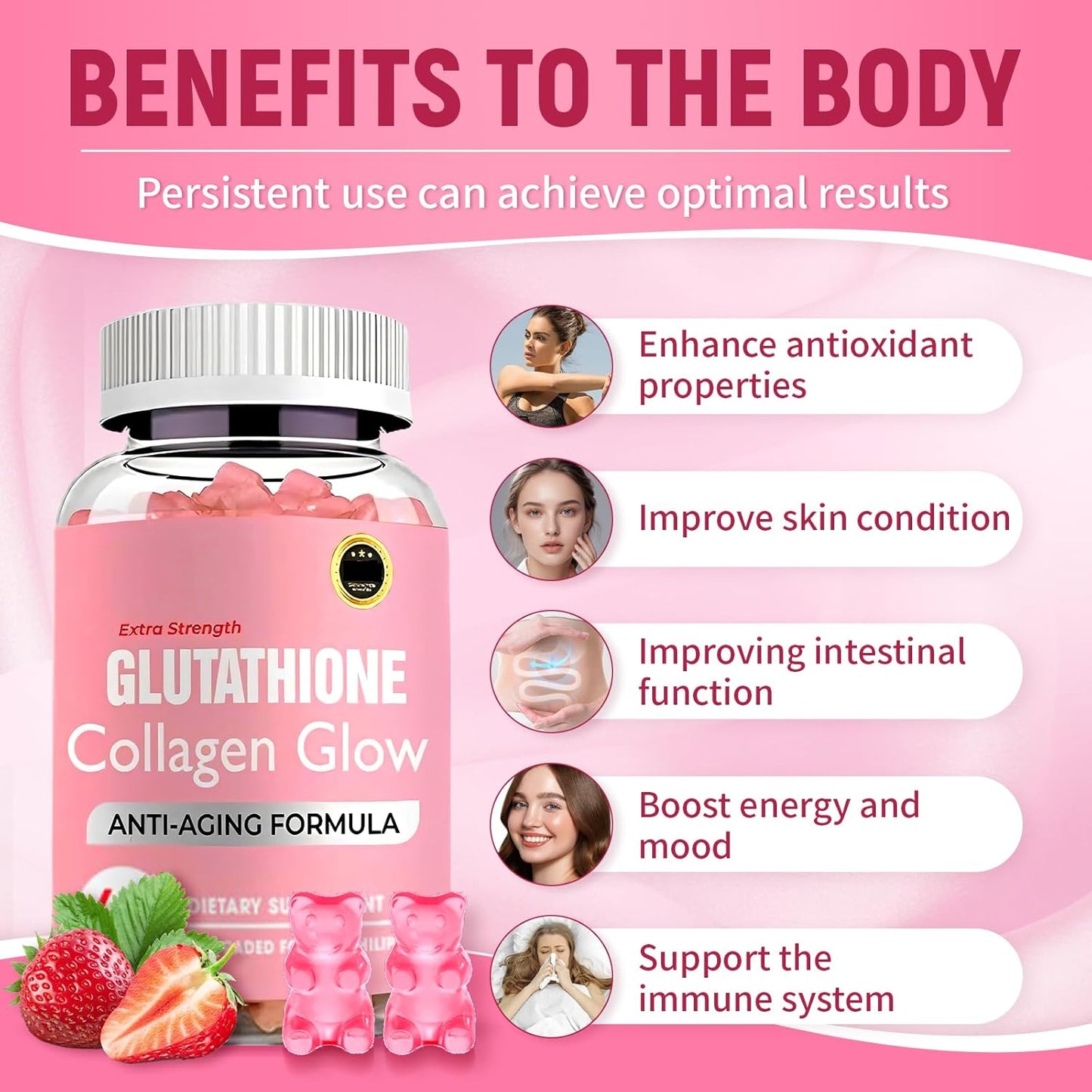 Organic Glow Gummies for Women - Collagen & Glutathione Blend for Dark Spots - Korean Skin Vitamins (1 Bottle)
