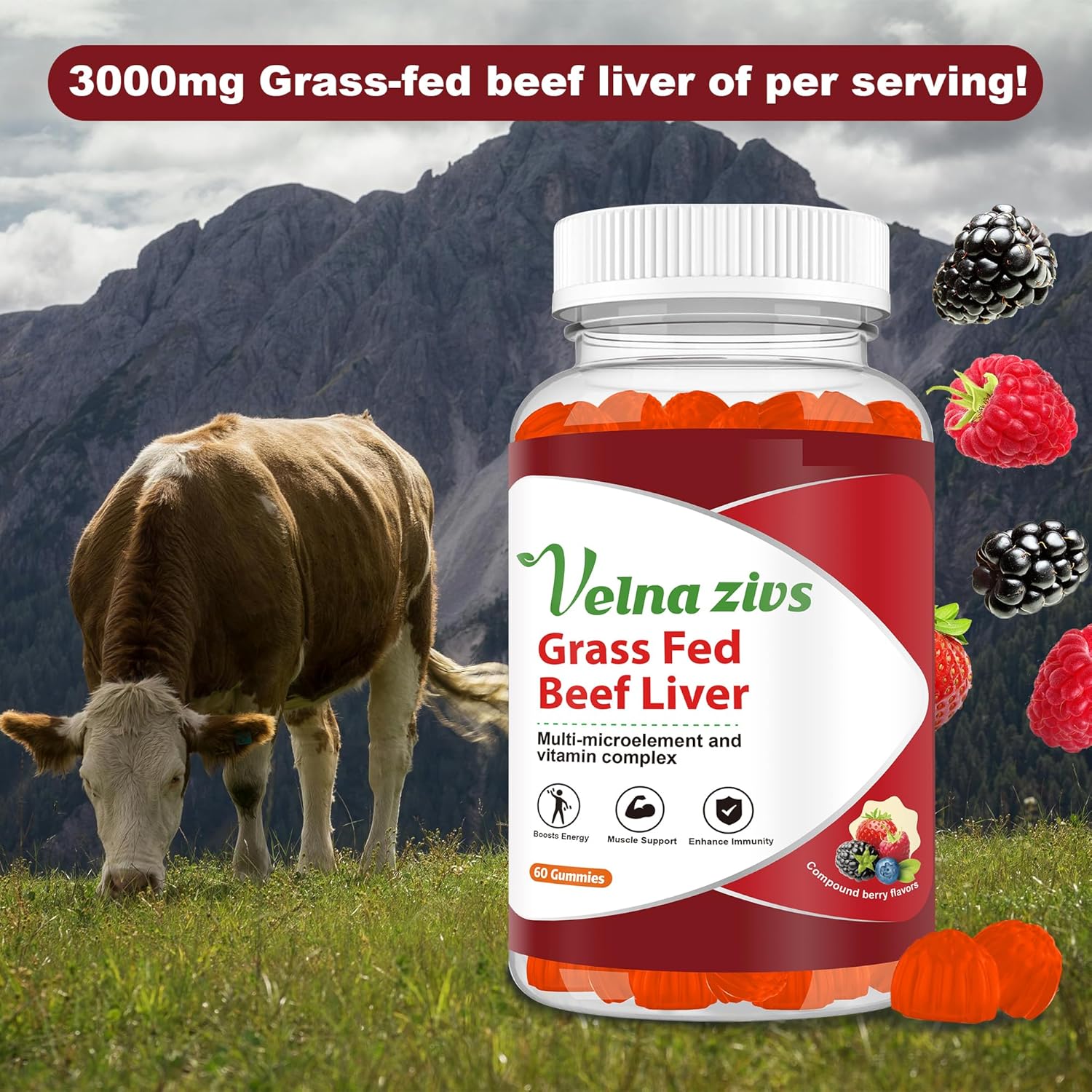 Organic Grass-Fed Beef Liver Gummies with High Protein & Vitamins | Energy Boost & Digestion Support | Non-GMO, 60 Count