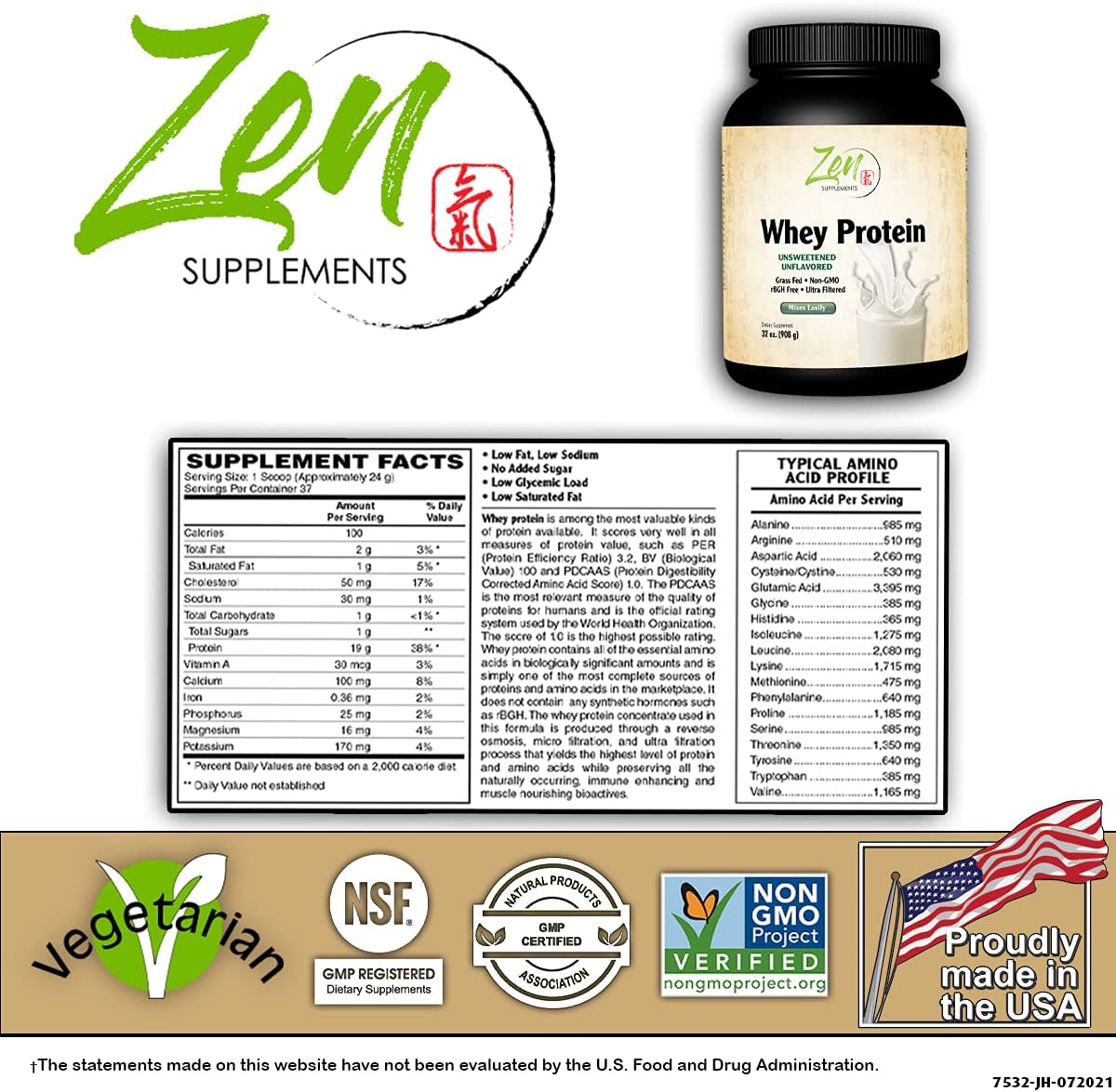 Organic Grass Fed Whey Protein Powder - 19g per Serving, Keto Friendly, Unflavored - 32 Oz - Zen Supplements