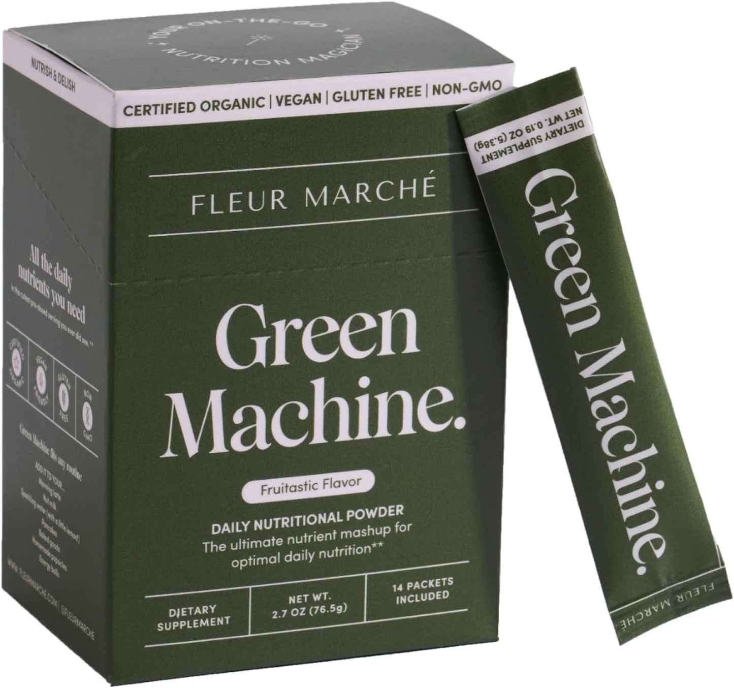 Organic Green Machine Super Greens Powder Packets with Probiotics - Digestion, Energy, & Detox Support - On-the-go Superfood Juice - 14 Packets