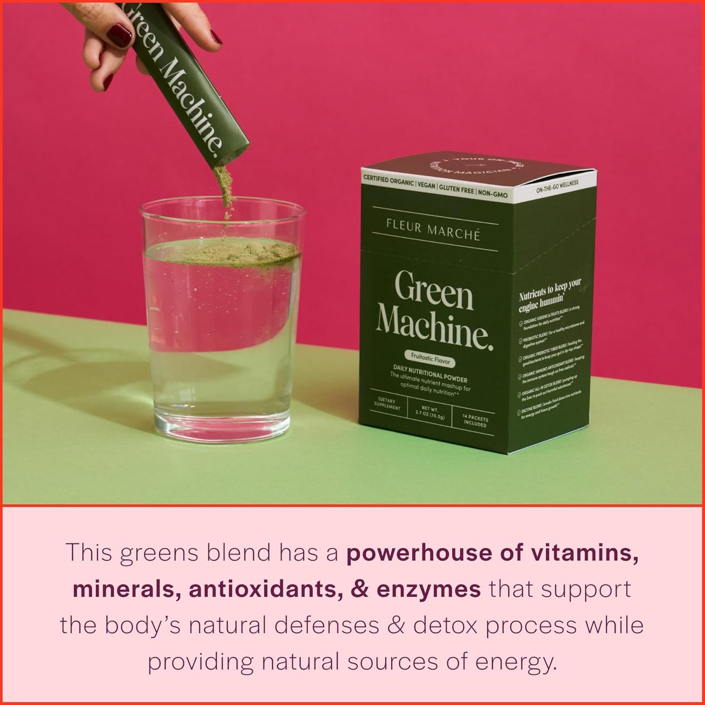 Organic Green Machine Super Greens Powder Packets with Probiotics - Digestion, Energy, & Detox Support - On-the-go Superfood Juice - 14 Packets
