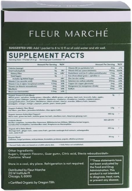 Organic Green Machine Super Greens Powder Packets with Probiotics - Digestion, Energy, & Detox Support - On-the-go Superfood Juice - 14 Packets