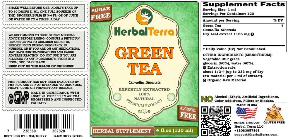 Organic Green Tea Glycerite Extract - Alcohol-Free Liquid, 4 fl. oz (120 ml) by HerbalTerra USA