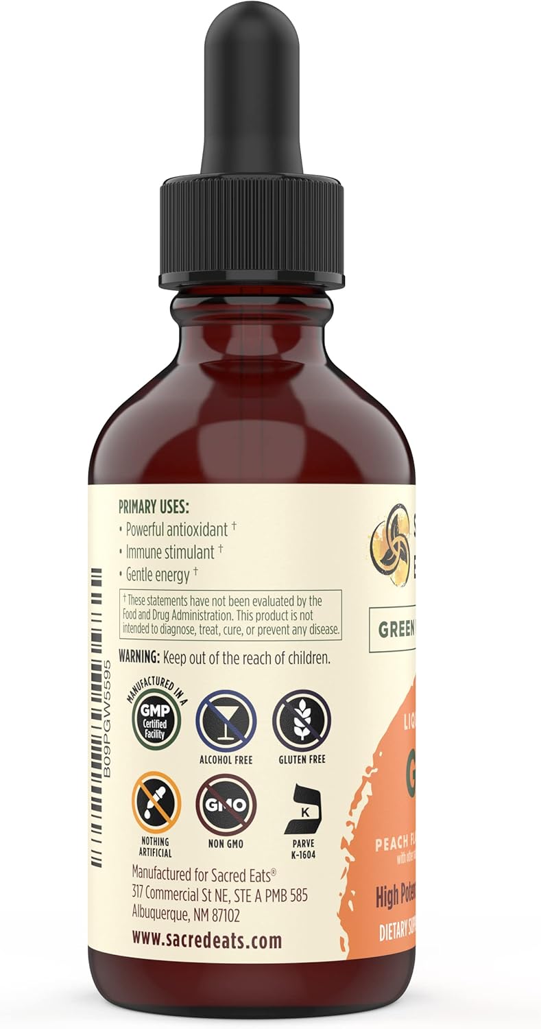 Organic Green Tea Liquid Extract Drops - Immune Support Supplement with Antioxidants & Polyphenols for Gentle Energy Boost - Peach Flavor