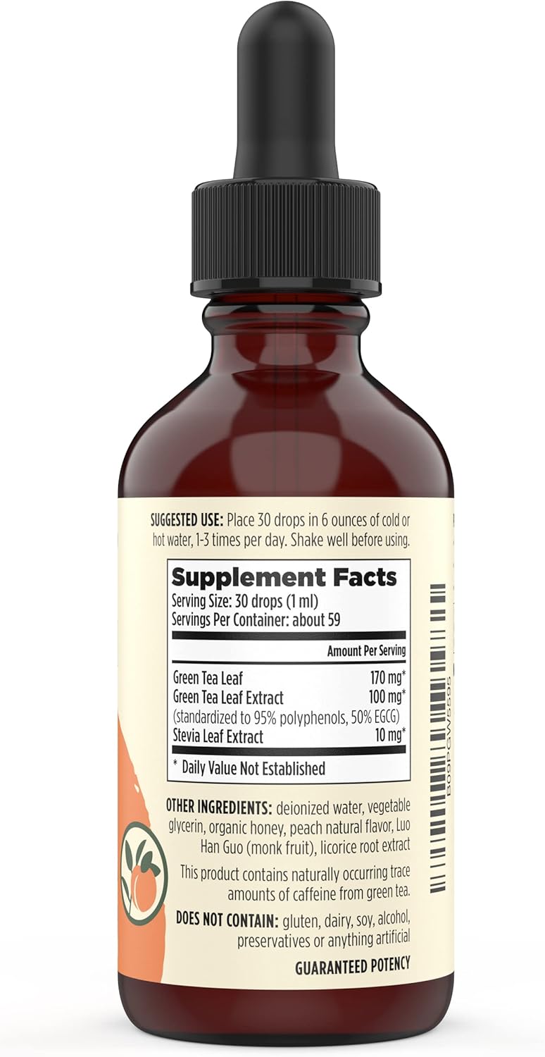 Organic Green Tea Liquid Extract Drops - Immune Support Supplement with Antioxidants & Polyphenols for Gentle Energy Boost - Peach Flavor