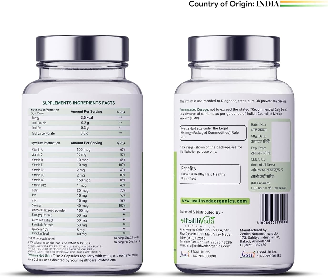 Organic Hair Growth Supplement with DHT Blocker & Biotin - Clinically Proven Formula for Men & Women | 60 Veg Capsules