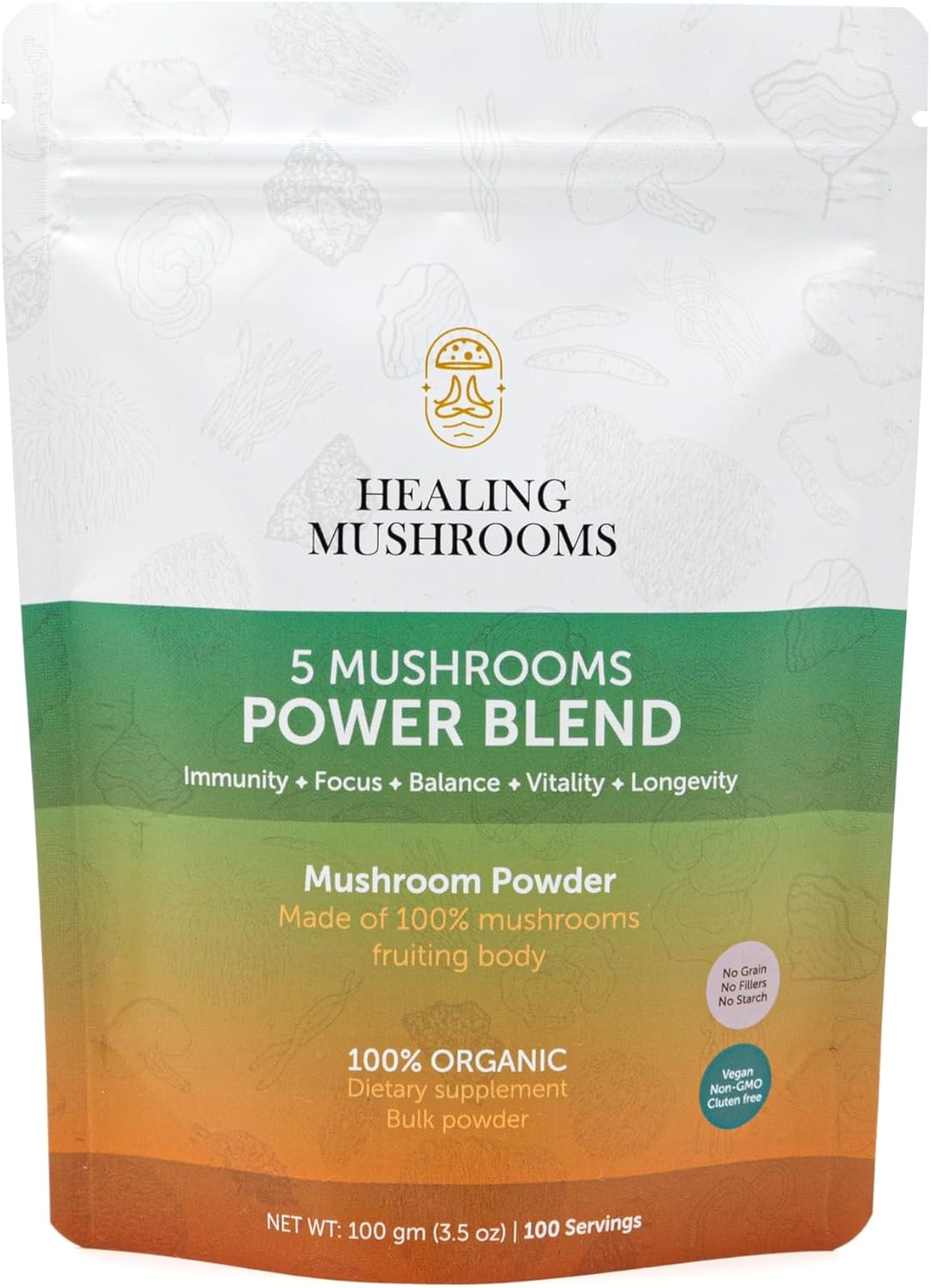 Organic Healing Mushrooms Powder Blend with Lions Mane, Reishi, Cordyceps, Turkey Tail, Chaga - 100g