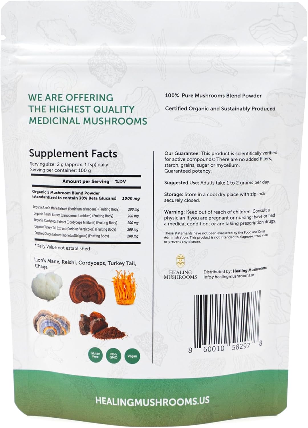 Organic Healing Mushrooms Powder Blend with Lions Mane, Reishi, Cordyceps, Turkey Tail, Chaga - 100g