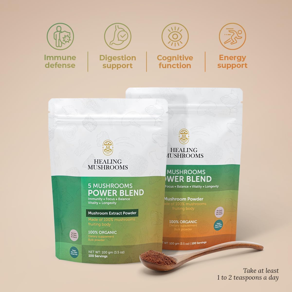 Organic Healing Mushrooms Powder Blend with Lions Mane, Reishi, Cordyceps, Turkey Tail, Chaga - 100g