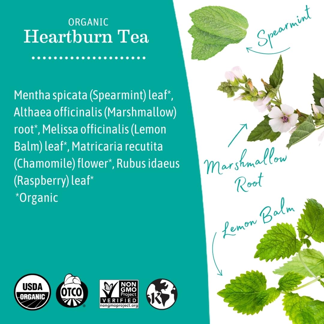 Organic Heartburn Tea for Pregnancy with Marshmallow Root & Lemon Balm - 16 Teabags/Box (6-Pack)