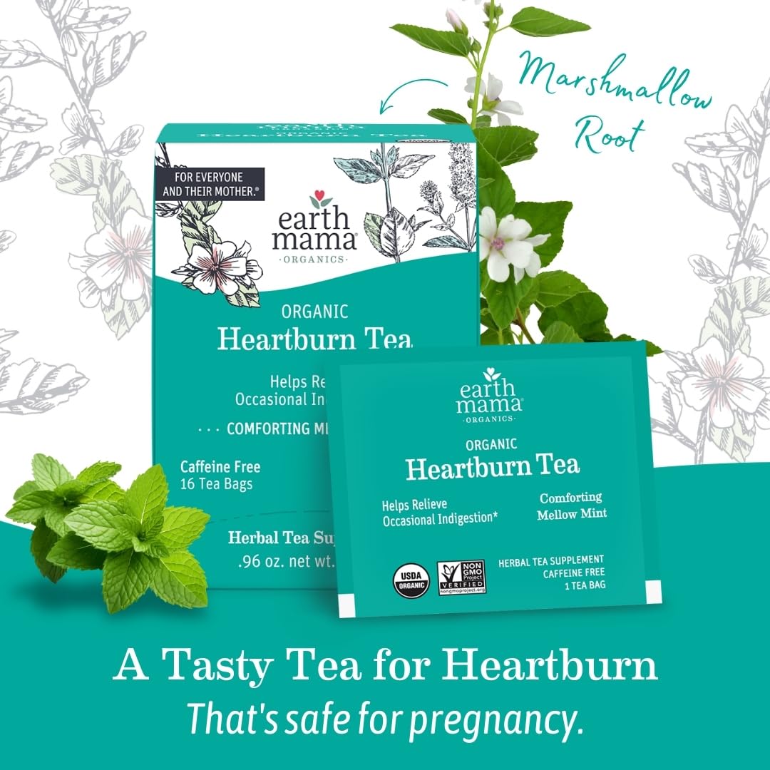 Organic Heartburn Tea for Pregnancy with Marshmallow Root & Lemon Balm - 16 Teabags/Box (6-Pack)