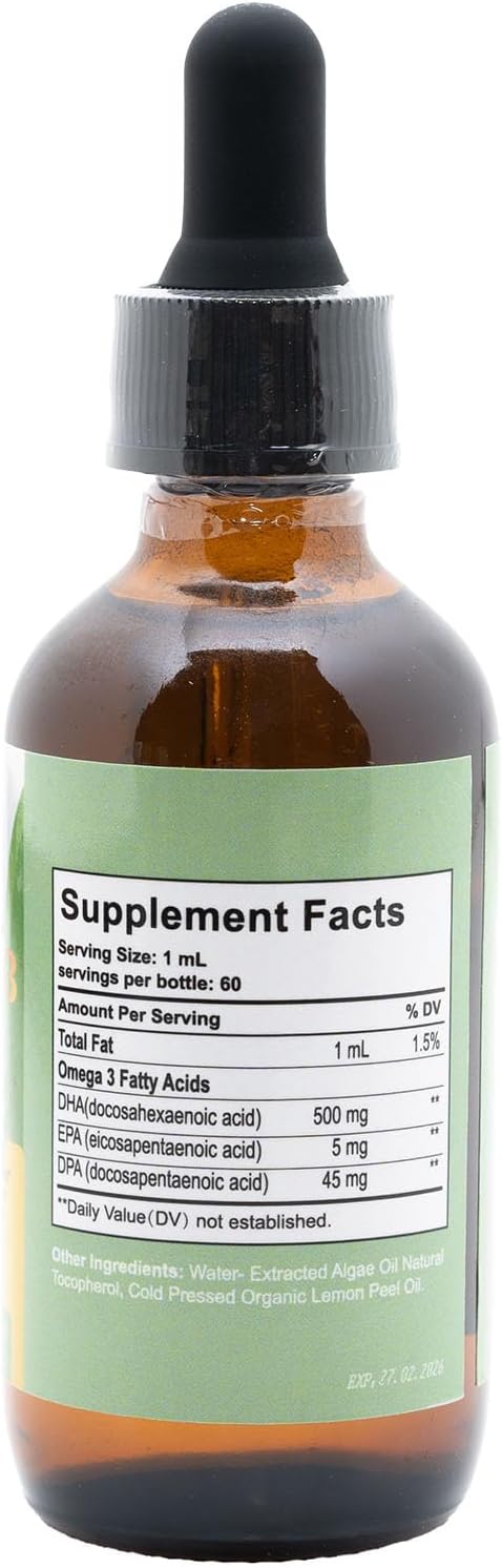 Organic Lemon Flavored Vegan Omega-3 Drops - Plant-Based Algae Oil with EPA, DHA & DPA for Heart, Brain & Joint Health - Non-GMO Liquid Vitamin - 60 Doses