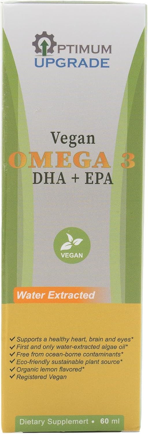 Organic Lemon Flavored Vegan Omega-3 Drops - Plant-Based Algae Oil with EPA, DHA & DPA for Heart, Brain & Joint Health - Non-GMO Liquid Vitamin - 60 Doses