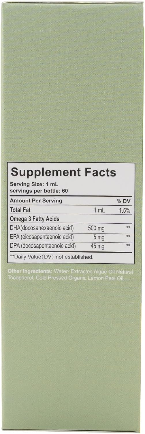 Organic Lemon Flavored Vegan Omega-3 Drops - Plant-Based Algae Oil with EPA, DHA & DPA for Heart, Brain & Joint Health - Non-GMO Liquid Vitamin - 60 Doses