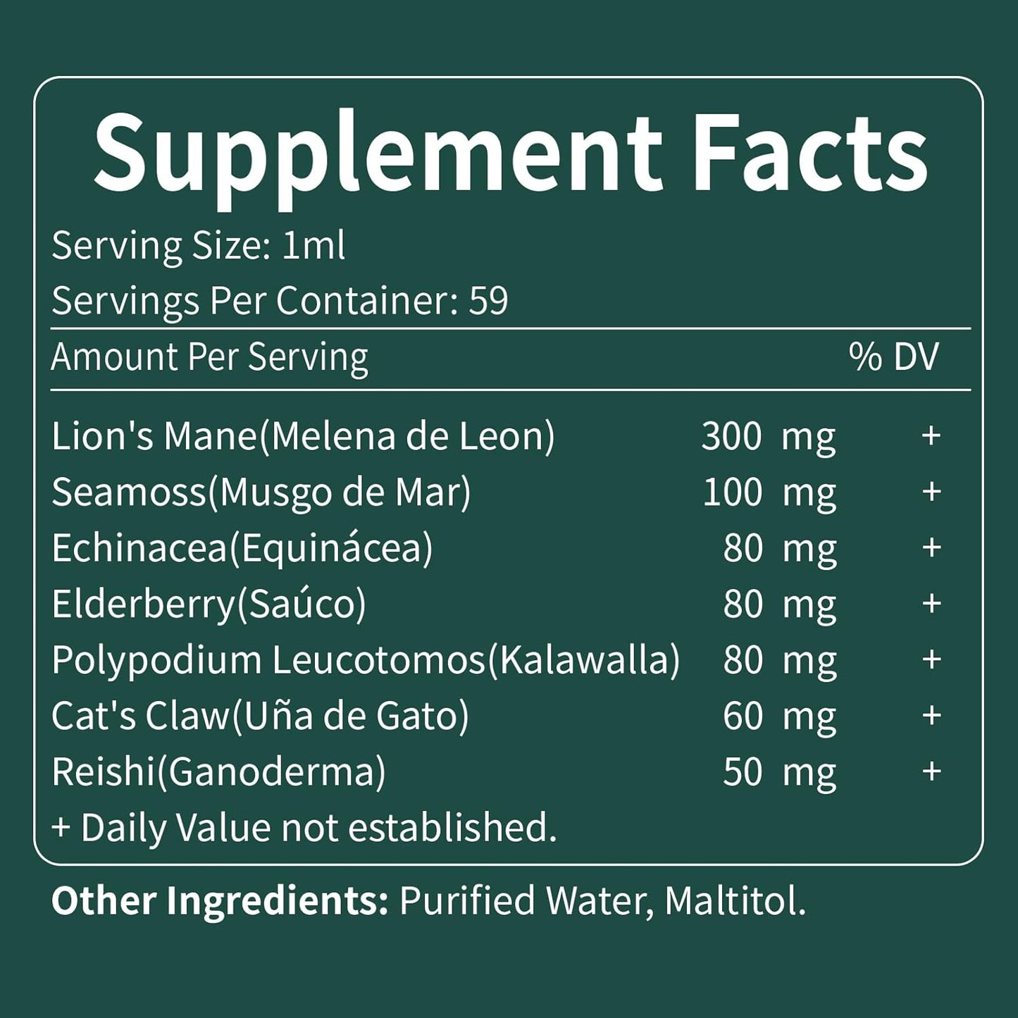 Organic Lions Mane Liquid Drops with Echinacea & Sea Moss for Immune and Brain Support - 2oz Bottle