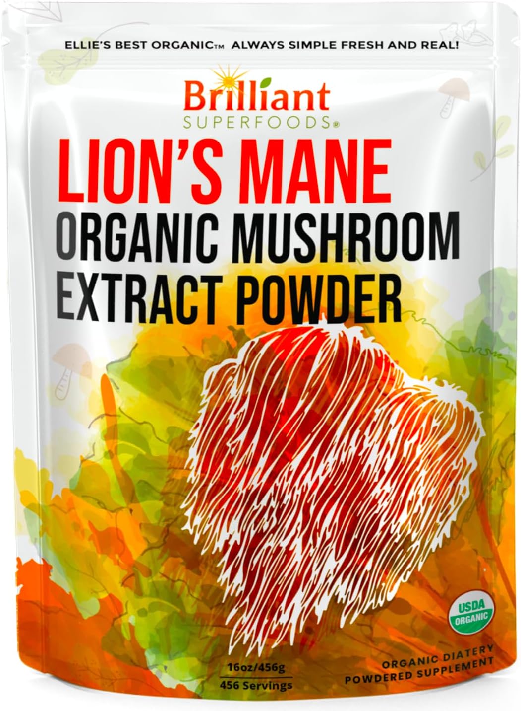 Organic Lions Mane Mushroom Extract Powder - Double Extracted for 10X Potency - No Fillers - 16oz, 458 Servings
