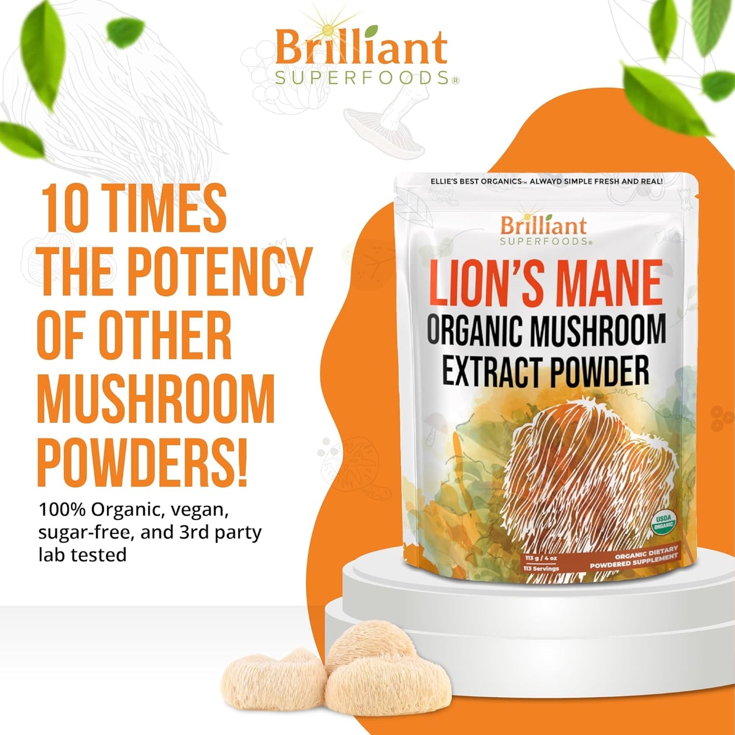 Organic Lions Mane Mushroom Extract Powder - Double Extracted for 10X Potency - No Fillers - 16oz, 458 Servings