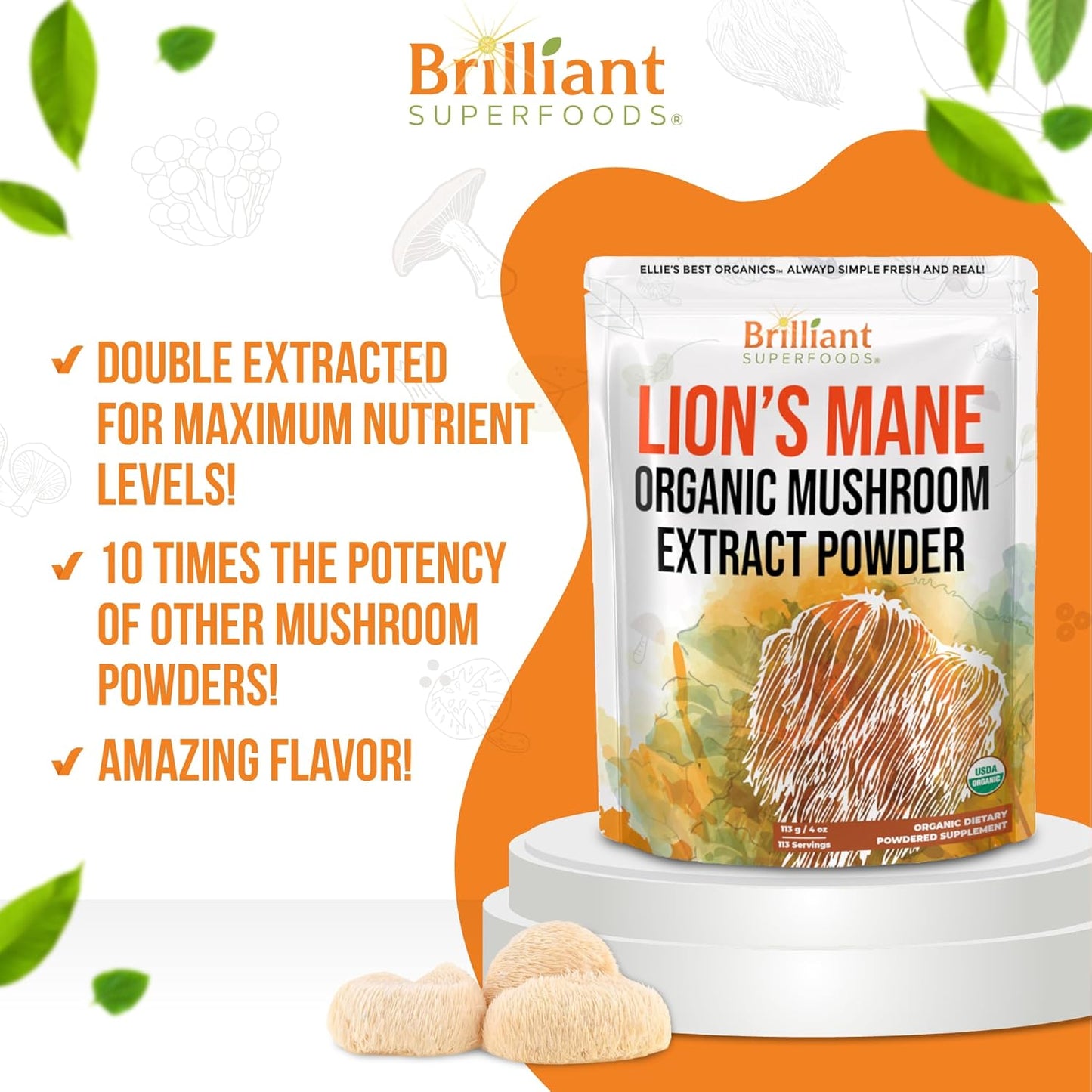Organic Lions Mane Mushroom Extract Powder - Double Extracted for 10X Potency - No Fillers - 16oz, 458 Servings