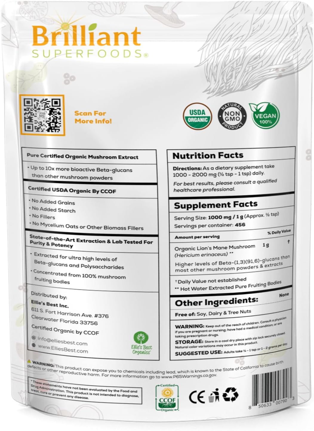 Organic Lions Mane Mushroom Extract Powder - Double Extracted for 10X Potency - No Fillers - 16oz, 458 Servings